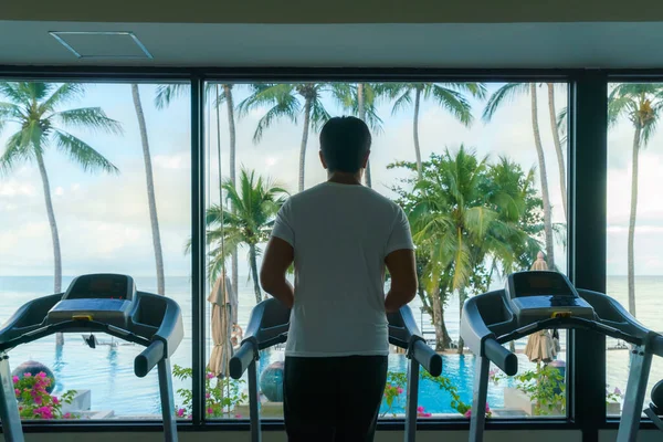 Asian Man Working Out Treadmill Resort Fitness Center Morning — 图库照片