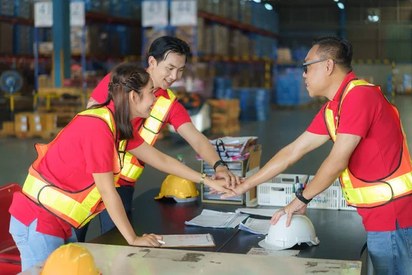 Unity Teamwork Concept Asian Worker Team Standing Hands Together Stack — Stock Photo, Image