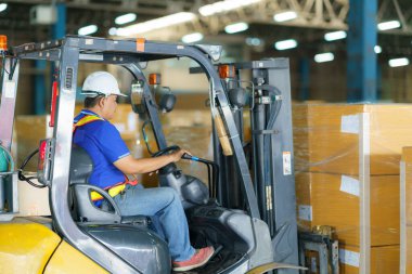Forklift are loading into cargo containers at warehouses, ports, freight forwarding, cargo supply chains, cargo transportation, warehouse industry, logistics.