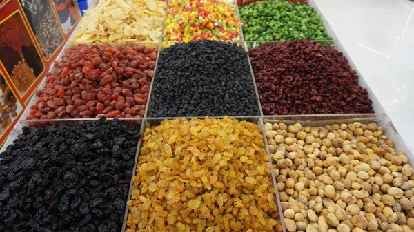Spices and condiments in bulk for sale in the market of the old part of Dubai in United Arab Emirates