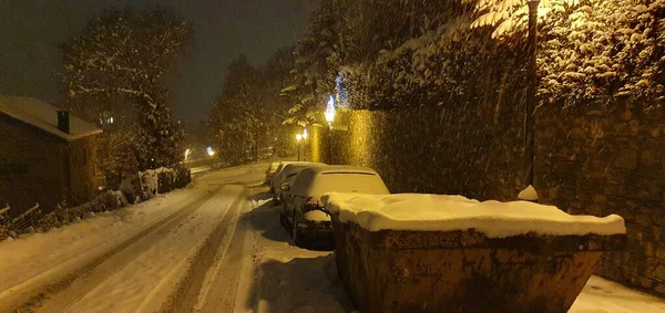 Snowfall Town Ordino Andorra Night December 2021 — Stockfoto