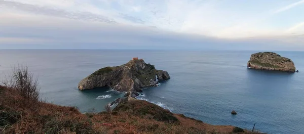 Hermosa Vista Panorámica Atardecer Costa Norte España Junto Isla San —  Fotos de Stock