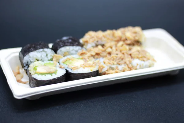 Japanse Sushi Een Zwarte Achtergrond Close — Stockfoto