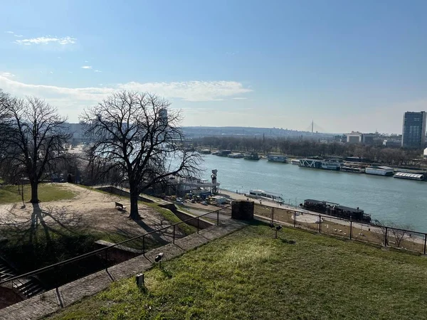 Панорамний Вид Дунаю Белграді Сфотографований Міських Стін — стокове фото