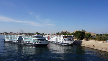 Edfu, Egypt, July, 13, 2022: River cruise ship on the Nile River