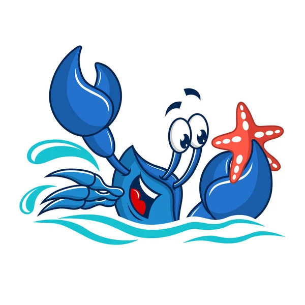 卡通吉祥物蓝螃蟹钓到了海星 矢量说明 — 图库矢量图片
