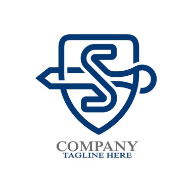 S harfi logolu kalkan ve kılıç. Vektör illüstrasyonu