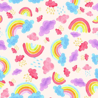 Vektör suluboya gökkuşağı ve bulutlar kusursuz desen. Eğlenceli ve renkli..