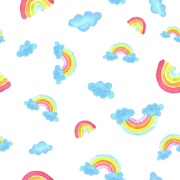 Vector watercolor rainbows and clouds seamless pattern. Fun and colorful.