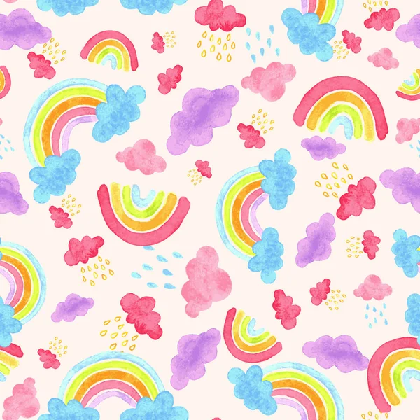 ベクター水彩虹と雲のシームレスなパターン。楽しさとカラフルな. — ストックベクタ