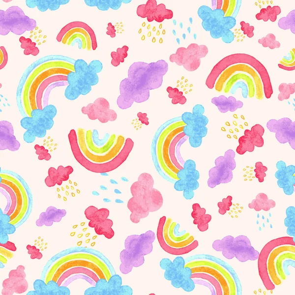 Vector watercolor rainbows and clouds seamless pattern. Fun and colorful.