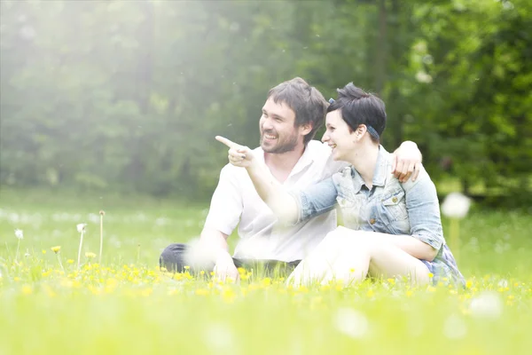 Pareja enamorada naturaleza paseos con perros — Foto de Stock