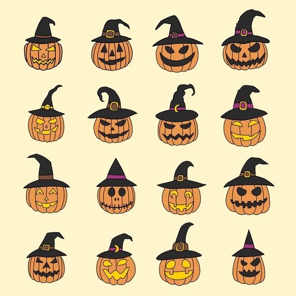 Simplicity Halloween Pumpkin Witch Hat Collection Freehand Drawing Flat Design — Stock Vector