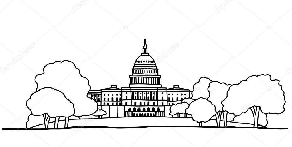 The United State Capitol building outline doodle drawing on white background. 