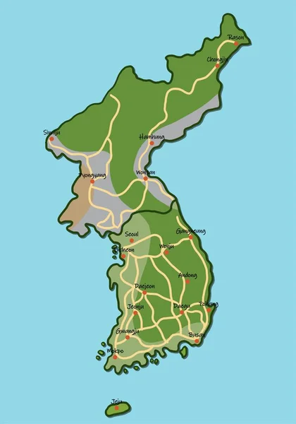 Doodle Freehand Πολύχρωμο Σχέδιο Κορέα Χάρτη Μεγάλες Πόλεις Και Αυτοκινητόδρομο — Διανυσματικό Αρχείο