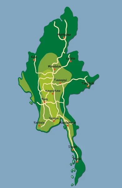 主要都市や高速道路とミャンマーの地図を描くカラフルな落書き — ストックベクタ