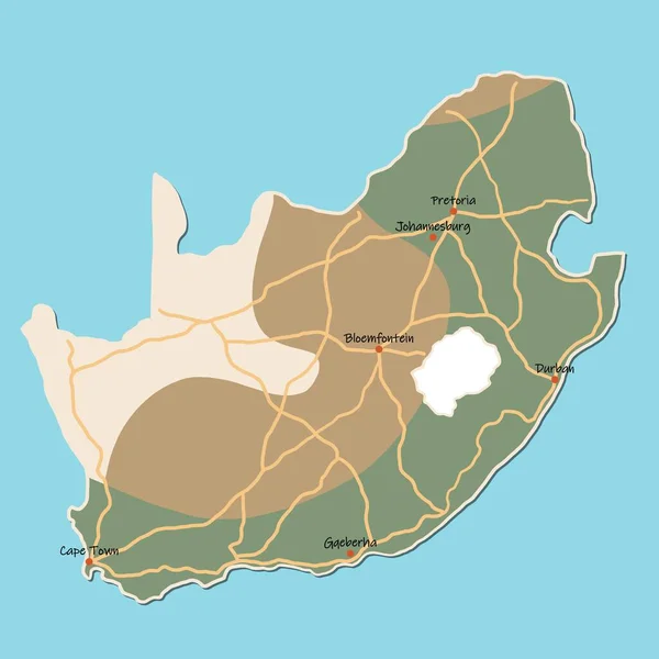 绘有主要城市和公路的彩色南非地图 — 图库矢量图片