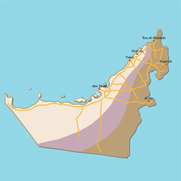 主要な都市や高速道路とアラブ首長国連邦の地図を描くカラフルな落書き — ストックベクタ