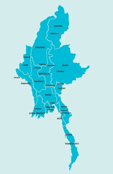 Doodle Mão Livre Colorido Desenho Myanmar Mapa Dividir Por Estado — Vetor de Stock