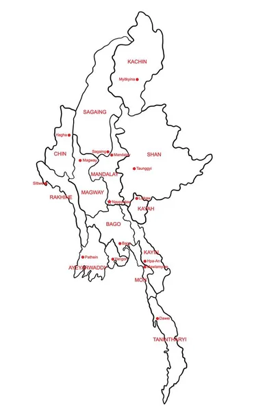 Doodle Mão Livre Colorido Desenho Myanmar Mapa Dividir Por Estado — Vetor de Stock