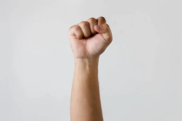 Man Vuist Omhoog Geïsoleerd Witte Achtergrond Succes Kracht — Stockfoto