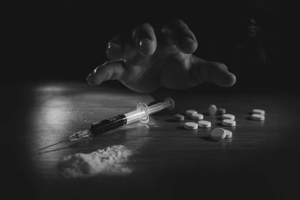 Drogue Toxicomane Héroïne Utilisation Seringue Traitement Dépendance Dangereux Médicament Narcotique — Photo