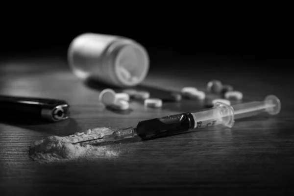 Droga Adicto Heroína Uso Jeringa Tratamiento Dependencia Peligroso Medicina Narcótico —  Fotos de Stock