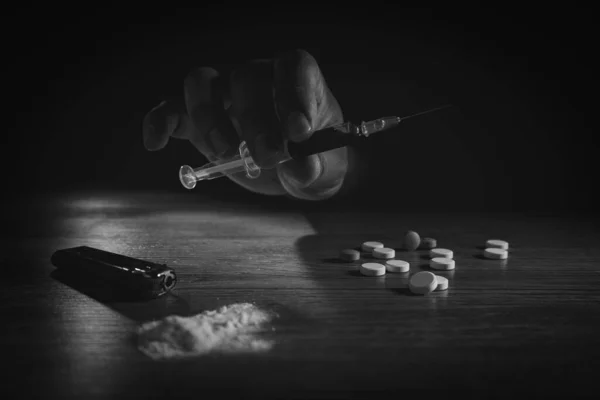 Stop Drugsverslaving Concept Internationale Dag Tegen Drugsspuit Gekookte Heroïne Lepel — Stockfoto