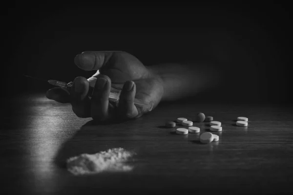 Detener Concepto Drogadicción Día Internacional Contra Jeringa Drogas Heroína Cocinada — Foto de Stock