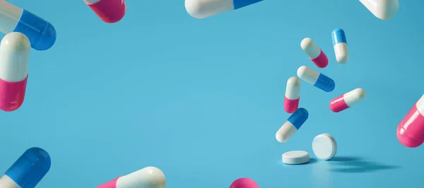 Léky Nebo Léky Léky Pilulky Antibiotika Pozadí Prostor Pro Text — Stock fotografie