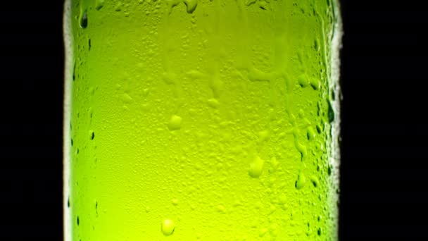 L'eau tombe sur la bouteille de bière. Bière fraîche et rafraîchissante avec gouttelettes d'eau. — Video
