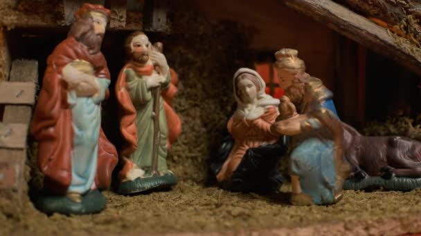 Frau stellt Miniaturfiguren auf. Schöne Krippe und Weihnachtsdekoration — Stockvideo