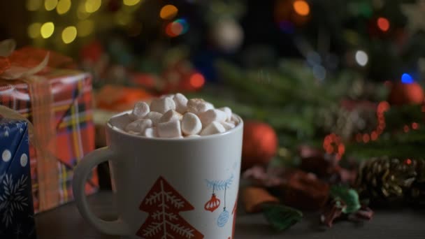 Weihnachtsgetränk. Zimt mit Marshmallows in heiße Schokolade streuen — Stockvideo