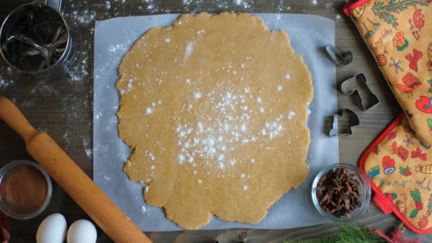 Vista dall'alto verso il basso, farina che cade sui tradizionali biscotti di Natale. — Video Stock
