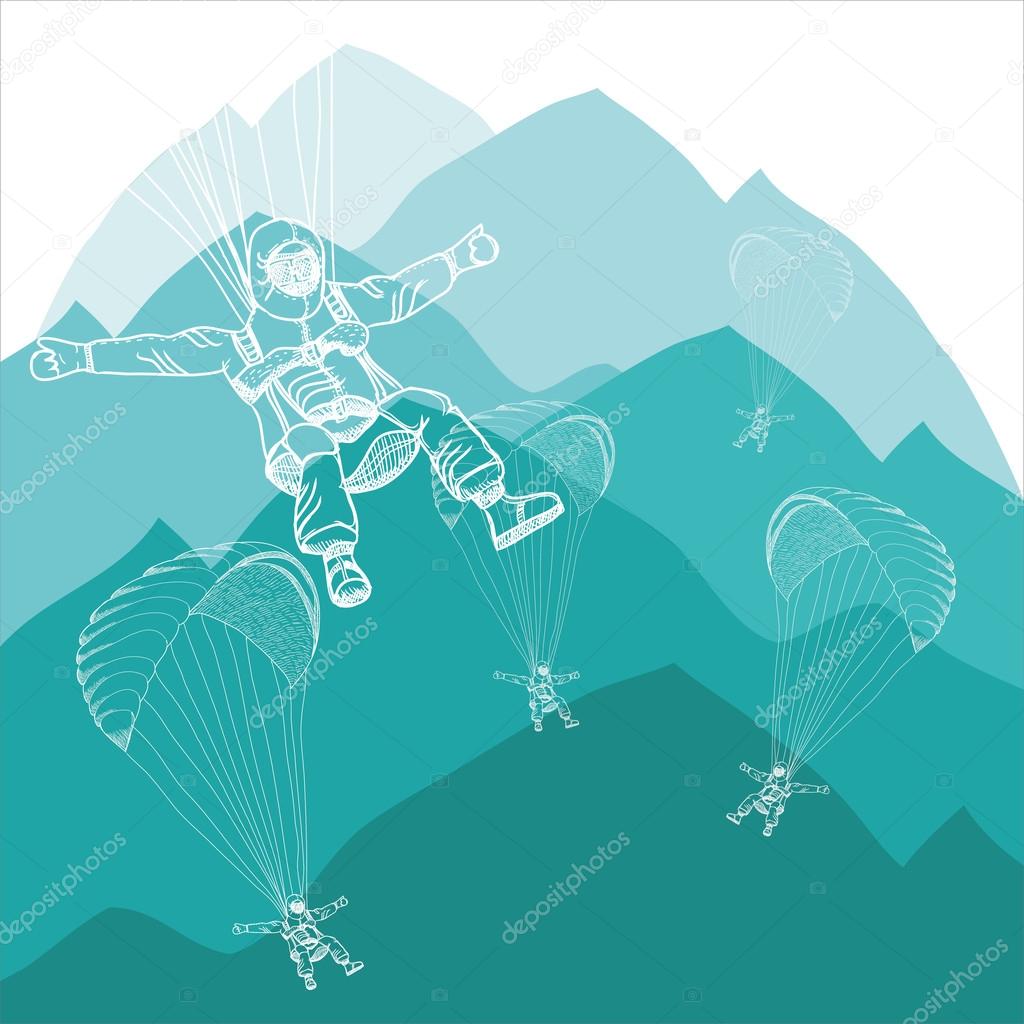 paragliding sportsmen in winter mountains with snow