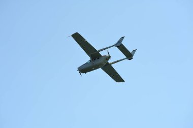 Gijon, Spain - July 24, 2022. Quixote Patrol, One Cessna 337 Skymaster aircraft flying during Gijon International Air festival 2022.