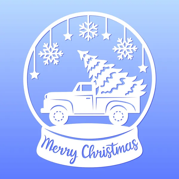 Bola Nieve Con Camión Navidad Árbol Copos Nieve Estrellas Feliz — Vector de stock