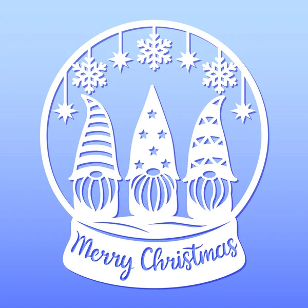 雪球与侏儒 剪纸模板 圣诞快乐这个短语 有胡子 帽子的可爱人物 假日的标志 矢量图解 明信片 窗户和墙壁装饰用 — 图库矢量图片