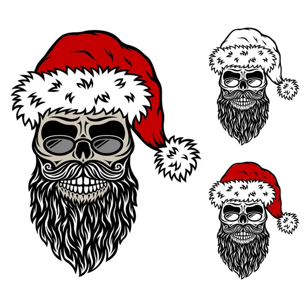 Crâne Noël Père Noël Lunettes Chapeau Rouge Barbe Illustration Dessin — Image vectorielle