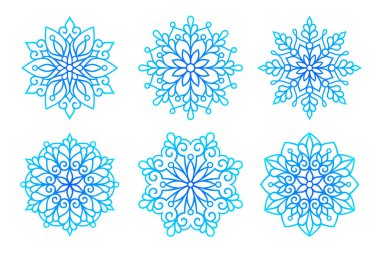 Kar tanesi silueti kağıt kesiği. Vektör şablonları ayarlandı. Kış sembolü kağıdı, lazer kesimi ya da süblimleşme. Tatiller için Noel süsleri. Düz stil. Beyaz arkaplanda izole.