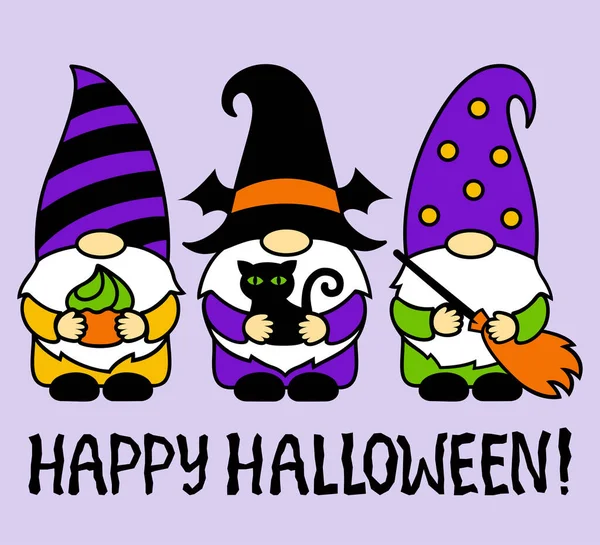 Gnomos Halloween Com Gato Preto Bolo Vassoura Feliz Dia Das — Vetor de Stock