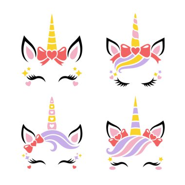 Cute unicorn face vector. Set for Valentines Day. Funny faces with heart, hair bow, eyelashes,unicorn horn for girls or woman. Magic characters. Illustrations isolated on white background.