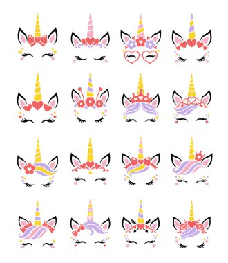 Cute unicorn face vector. Set for Valentines Day. Funny animal with heart, flower wreath, glasses, crown, hair bow,unicorn horn for girls. Magic characters. Illustrations isolated on white background.