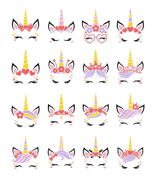 Lindo Vector Facial Unicornio Set Para Día San Valentín Animal Vector De Stock