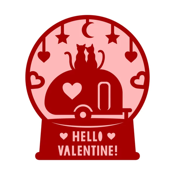 Witaj Valentine Globus Kotami Księżycem Gwiazdami Biwakiem Symbole Miłości Papier — Wektor stockowy