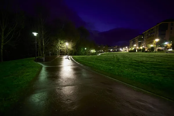 Santiago de Compostela (İspanya), 26 Kasım 2021. Gece vakti bir park manzarası. Şehir, Galiçya bölgesinin başkenti ve UNESCO Dünya Mirası Alanıdır..