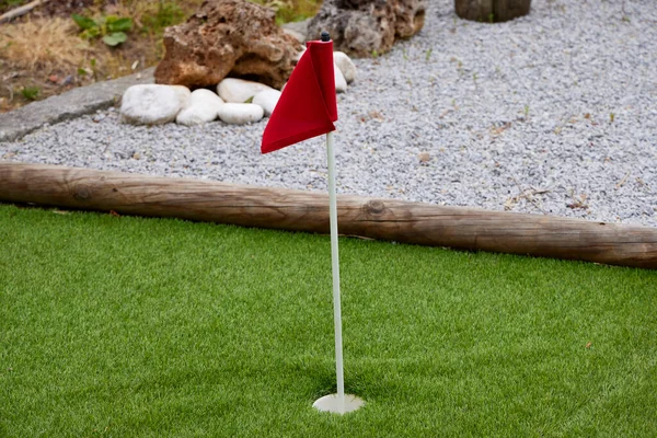 Mini golf. Holes and flags of a small game of golf