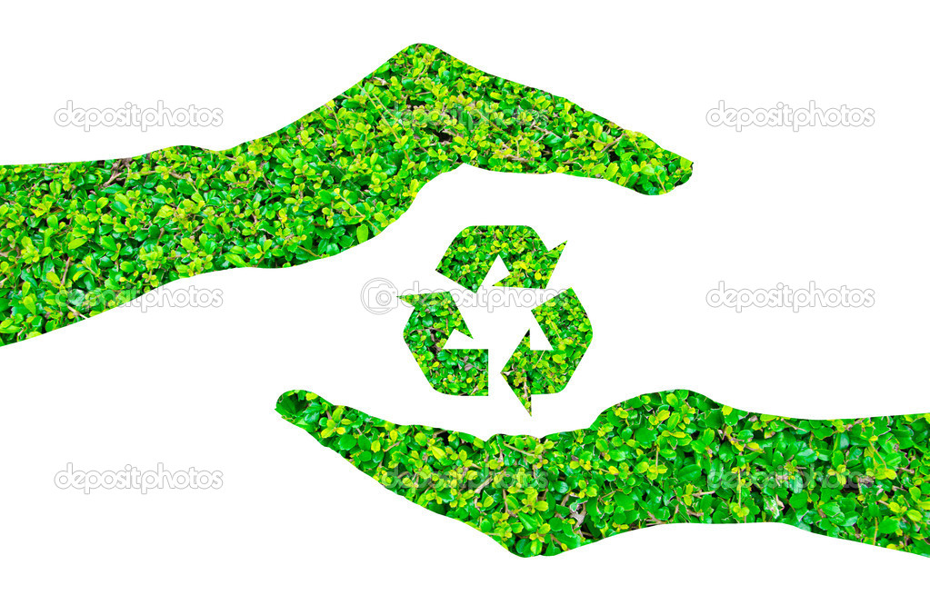 Recycle sign made of green leaf on hands ,isolated on white back