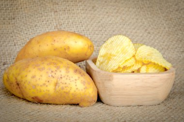 ahşap kase ve taze patates cipsi