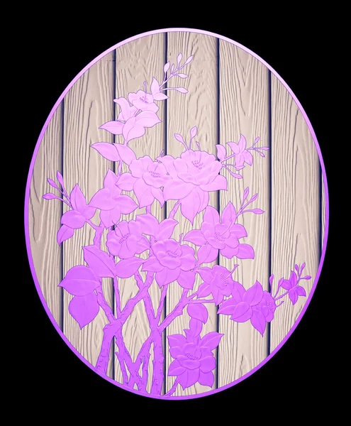 Siyah arka plan ile ahşap üzerine Menekşe çiçek deseni — Stok fotoğraf